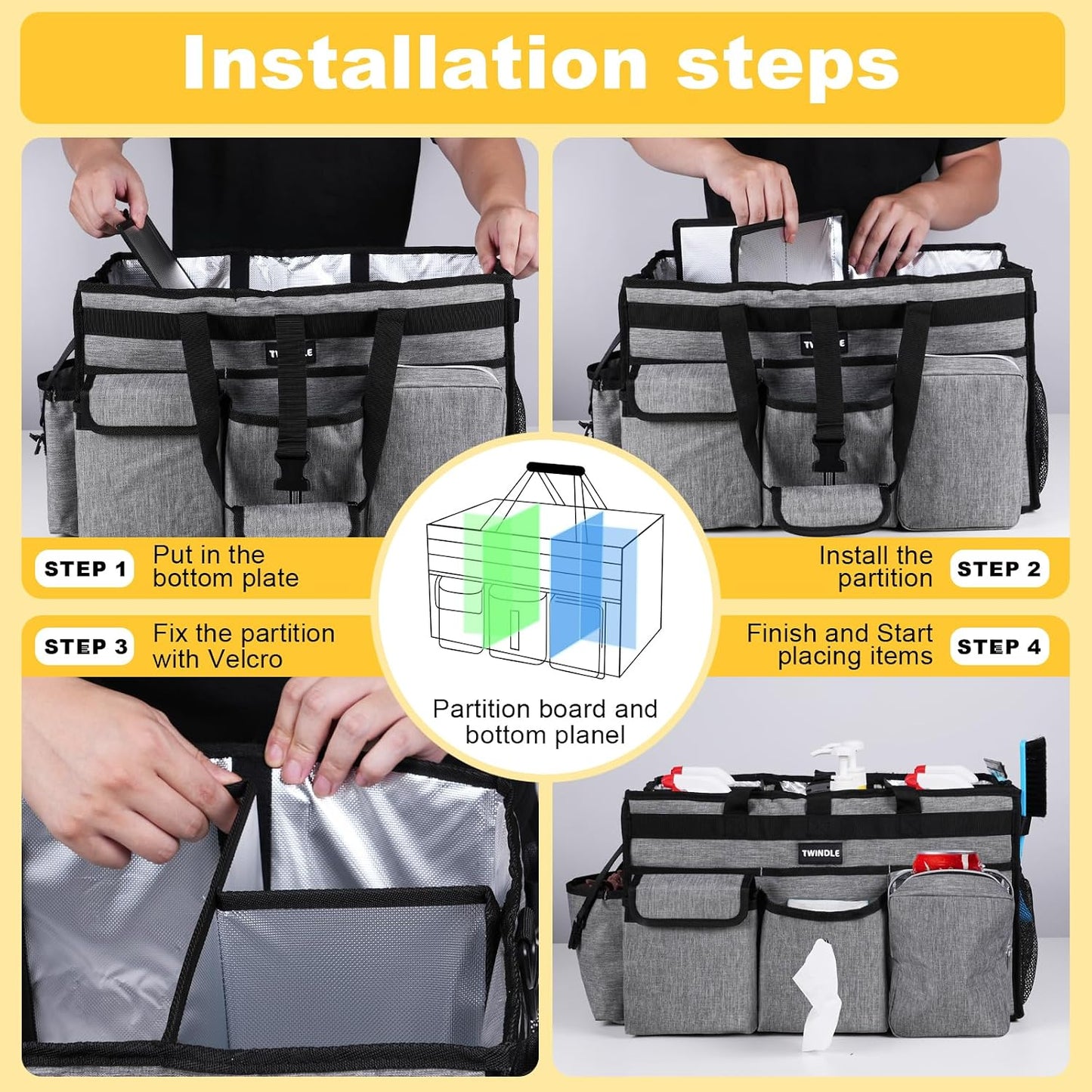 Extra Large Cleaning Caddy Bag with Built-In Support Board, Cleaning Tote Organizer with Removable Divider, Supply Carryall with Adjustable Shoulder Strap and Waist Belt for Cleaners & Housekeeper