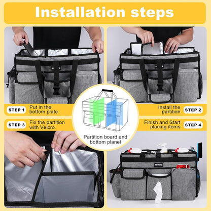 Extra Large Cleaning Caddy Bag with Built-In Support Board, Cleaning Tote Organizer with Removable Divider, Supply Carryall with Adjustable Shoulder Strap and Waist Belt for Cleaners & Housekeeper