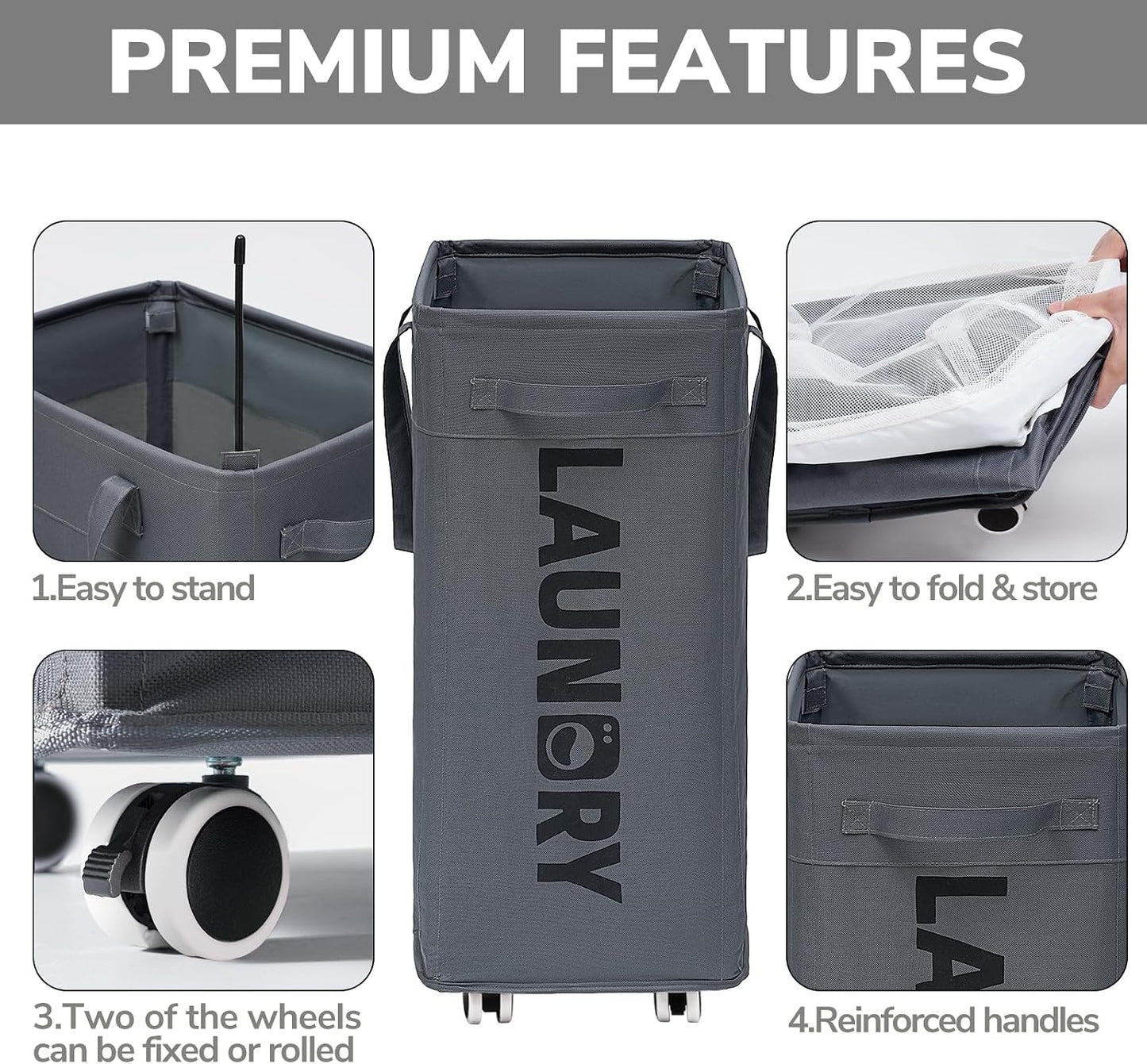 Goodpick 75L Laundry Basket with Wheels & Removable Wash Bag for Dorm | Rolling Laundry Basket with Handles for Dirty Clothes, Fodable Hamper for Laundry Room, Dorm Room Essentials, Grey