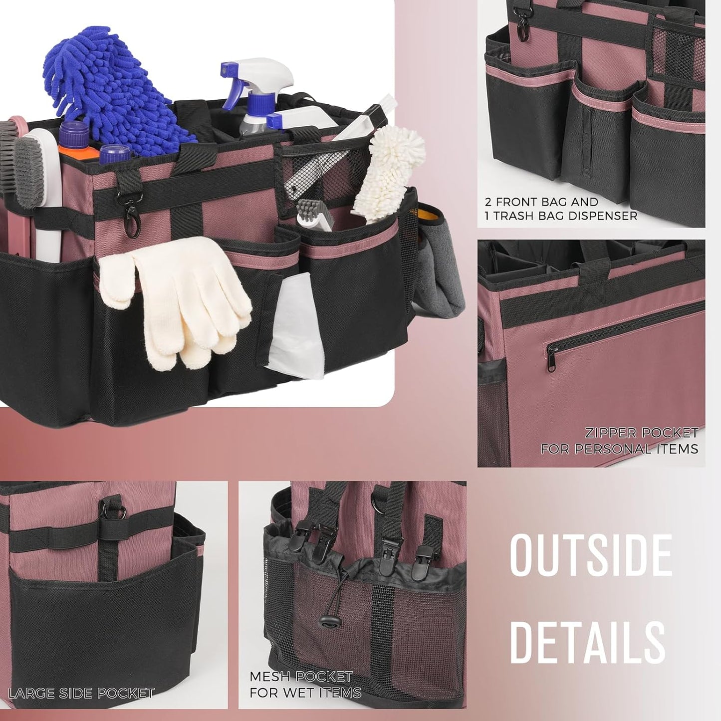 SCAVATA Wearable Cleaning Caddy, Cleaning Caddy Supplies Organizer with Handle & Shoulder Straps for Housekeepers, Under Sink & Car Cleaning Tool Organizers Bag with 4 Foldable Divider (NavyBlue)