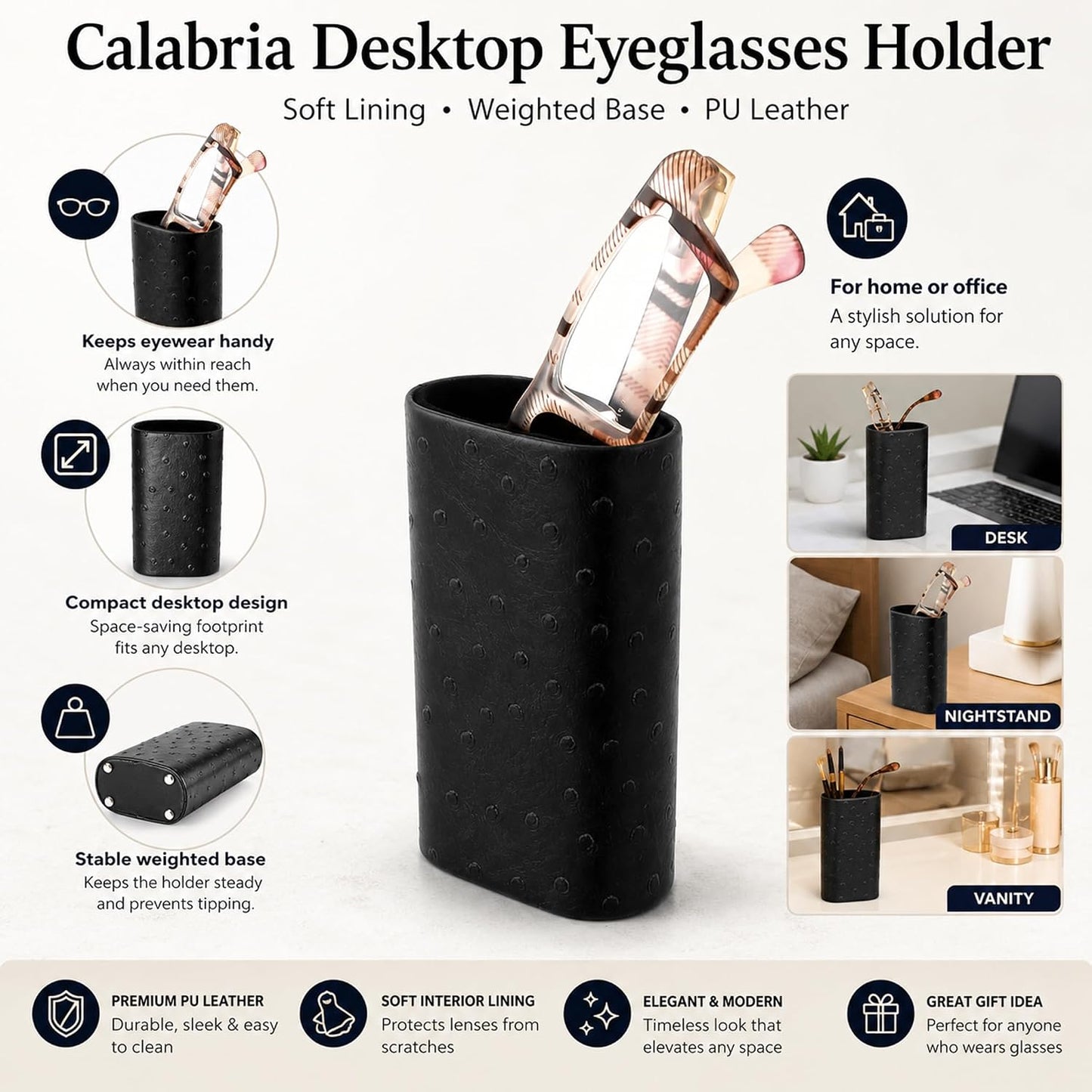 Calabria Desktop Eye Glasses Holder Soft Lining Weighted Base Eyeglasses Stand Case Desks Nightstands PU Leather Mens Womens