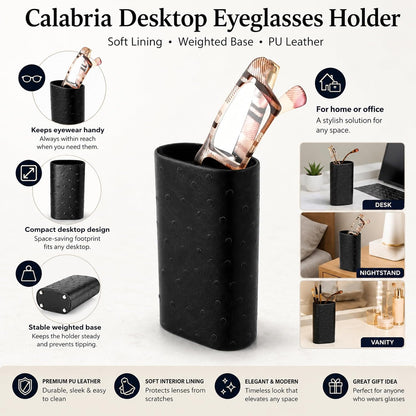 Calabria Desktop Eye Glasses Holder Soft Lining Weighted Base Eyeglasses Stand Case Desks Nightstands PU Leather Mens Womens
