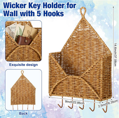 Gerrii Wicker Key Holder for Wall Rattan Mail Shape Holder with 5 Hooks Boho Modern Farmhouse Wall Hanging Decor for Entryway Living Room Office Key Letter Newspaper Files Organizer
