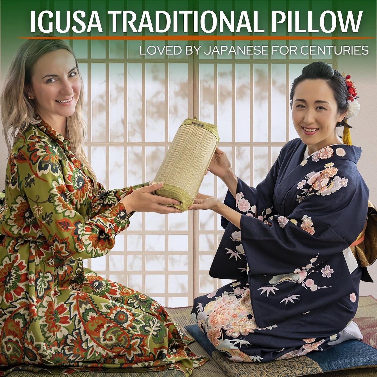 Japanese Neck Roll Pillow for Relaxation, Original Bolster Cylinder Pillow Made with Japanese Igusa Rush, Infused with HIBA Essence, Hard Cervical Pillow for Neck Stretch and Meditation, Made in Japan