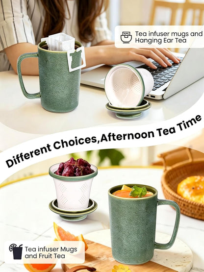Ceramic Tea Mug with Infuser and Lid,16oz Porcelain Loose Leaf Tea Cup with Large Handle,Metal-Free Filter,Microwave &Dishwasher Safe,Perfect for Tea,Coffee (Sage Green)