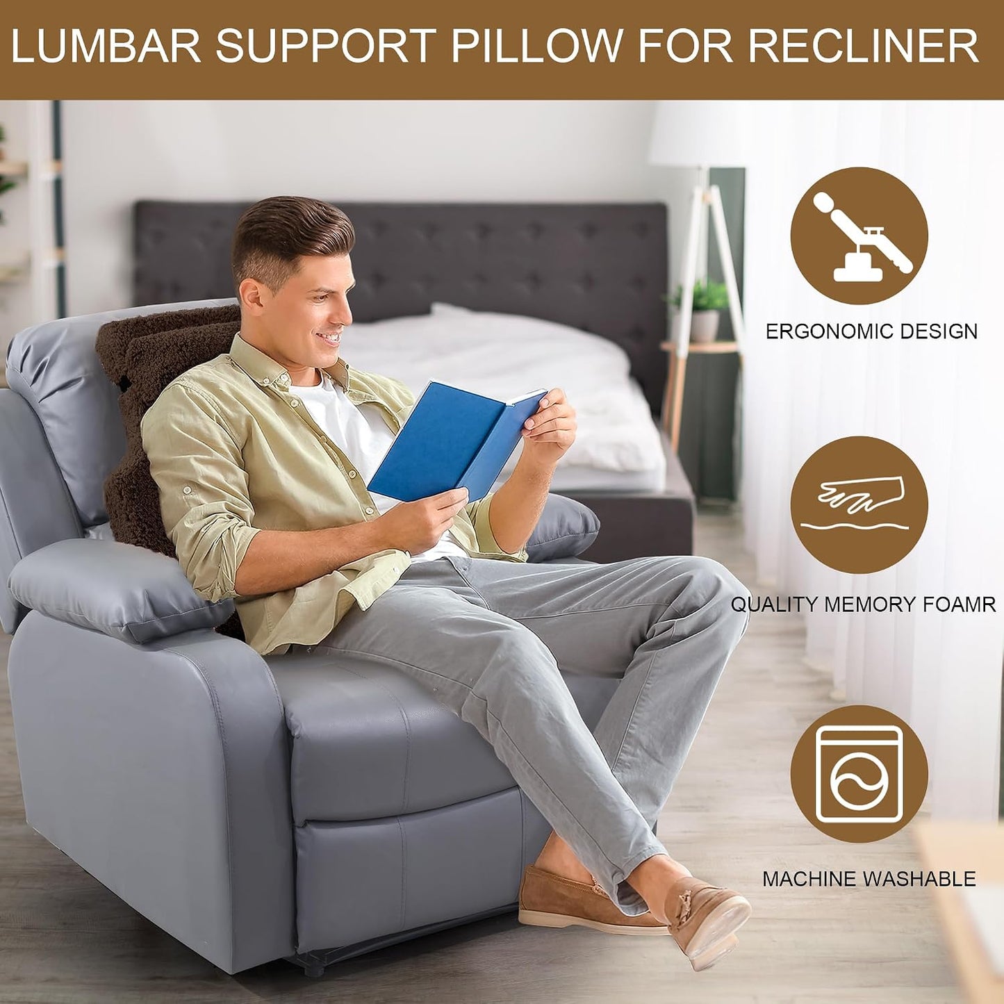 HOMBYS Sherpa Fleece Lumbar Support Pillow with Headrest for Recliner,Memory Foam Recliner Chair Cushion for Back Pain,Big High Back Support for Recliner with Chair Headrest for Elderly (Khaki)