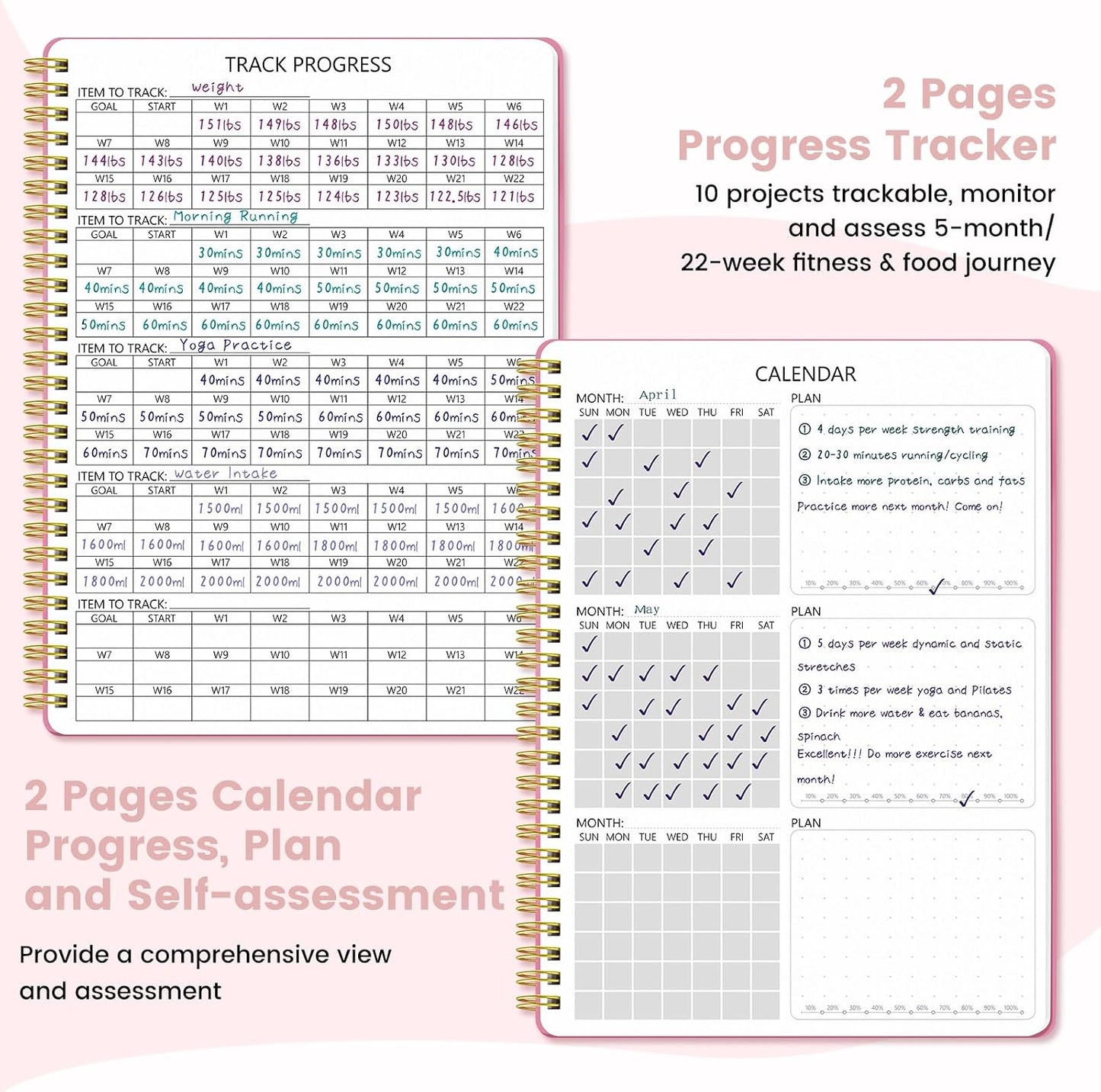 Fitness & Food Journal for Women, Undated 150-day Workout & Wellness Planner with Measuring Tape, Pink Weight Loss Journal for Setting Goals Tracking Exercise Training Diet Progress (9.5’’*7’’)