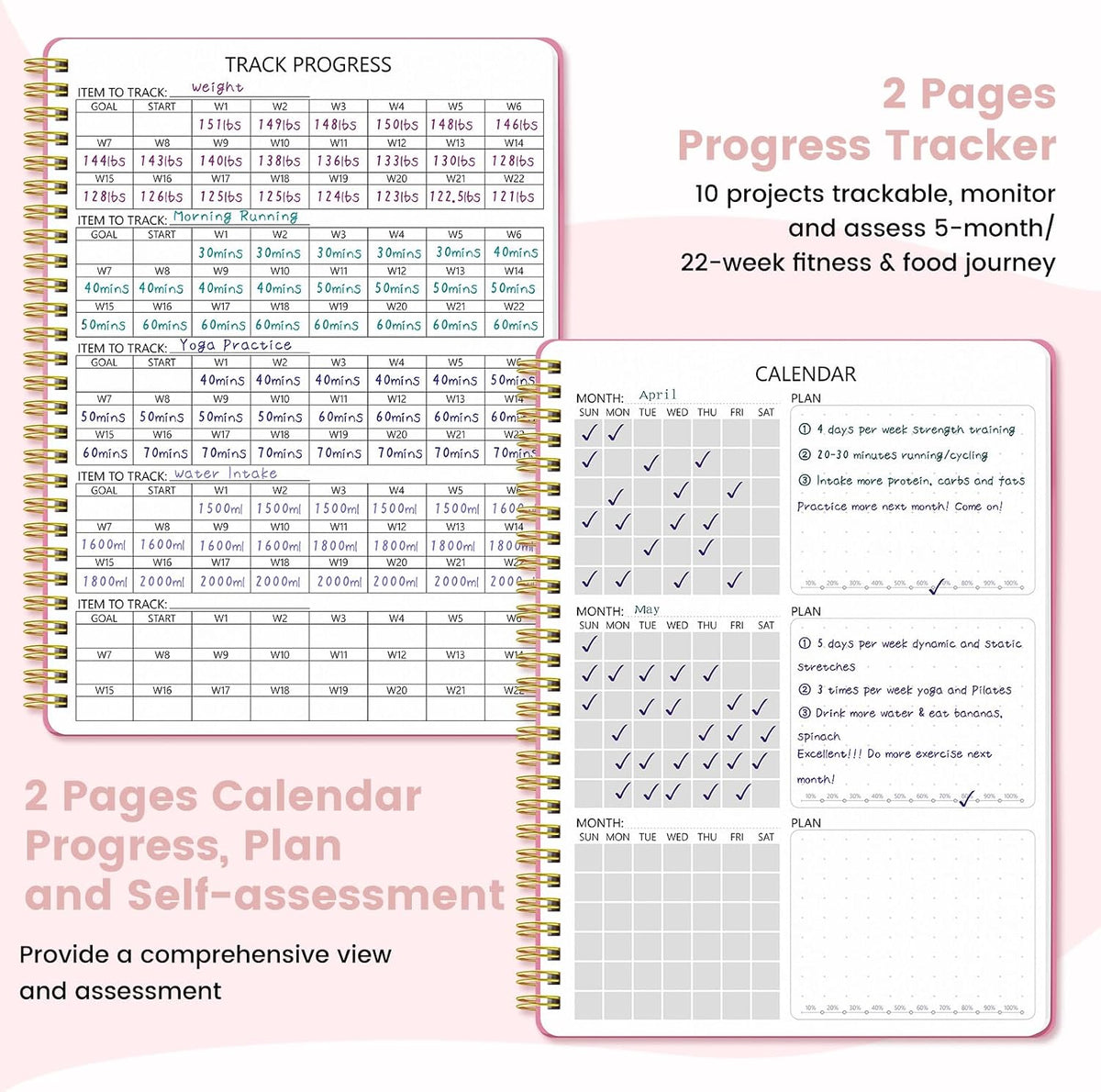 Fitness & Food Journal for Women, Undated 150-day Workout & Wellness Planner with Measuring Tape, Pink Weight Loss Journal for Setting Goals Tracking Exercise Training Diet Progress (9.5’’*7’’)