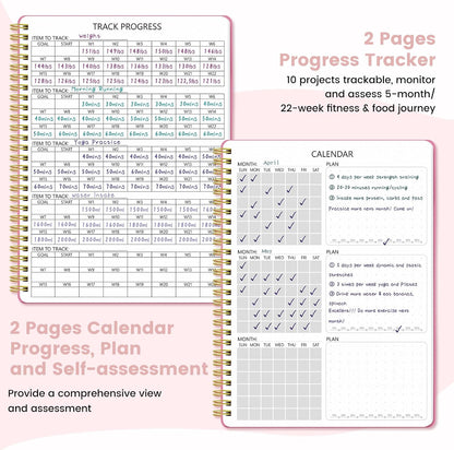 Fitness & Food Journal for Women, Undated 150-day Workout & Wellness Planner with Measuring Tape, Pink Weight Loss Journal for Setting Goals Tracking Exercise Training Diet Progress (9.5’’*7’’)