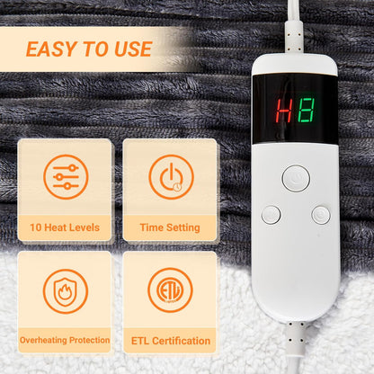 Heated Blanket Electric Throw, Soft Flannel Heating Blanket with 8 Hours Auto Off 10 Fast Heating Levels Machine Washable Sherpa Heated Blanket with Overheating Protection