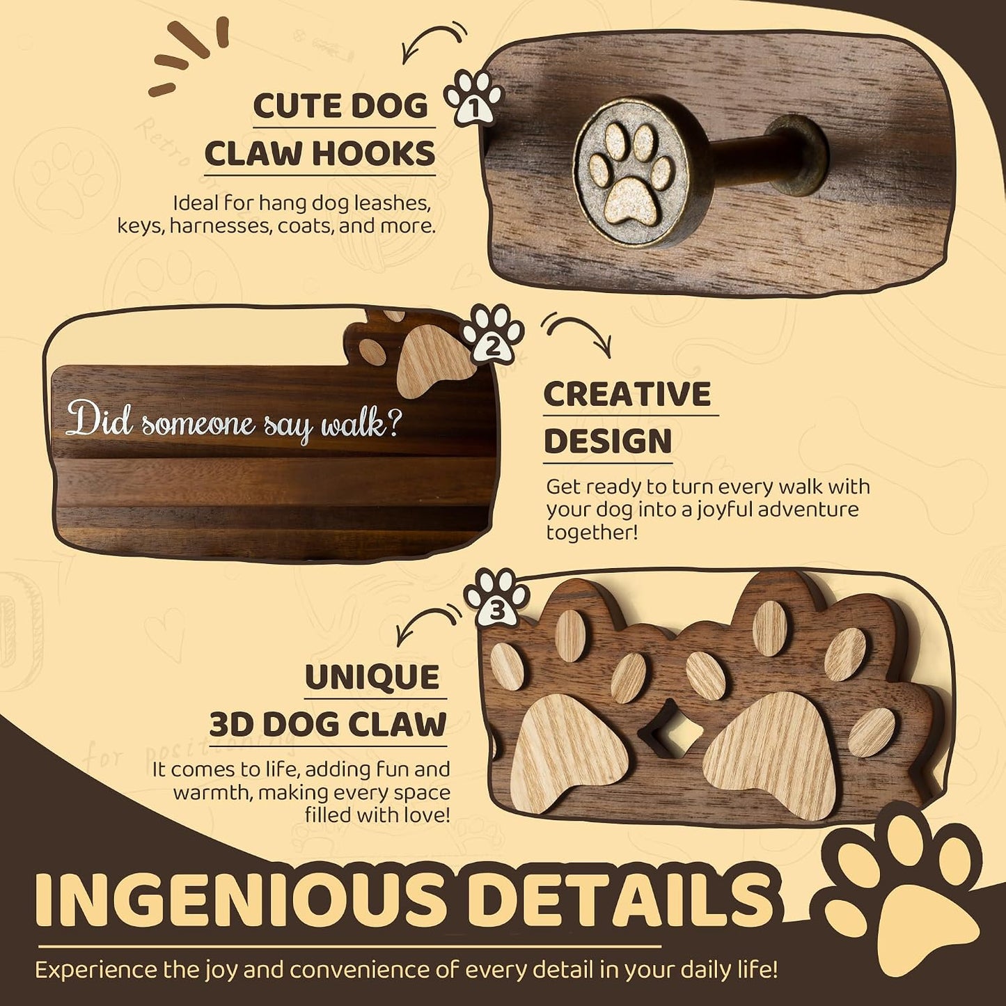 MTERSN Cute Dog Leash Holder for Wall for Pet Station Organizer, Brown