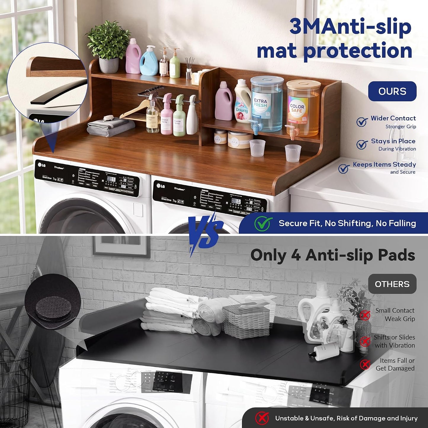 DTK Washer Dryer Wood Countertop with Shelf, Laundry Topper with Non-Slip Mat,27.55" Depth x 54" Width Dryer Covers for The Top with Edge Rails, Black