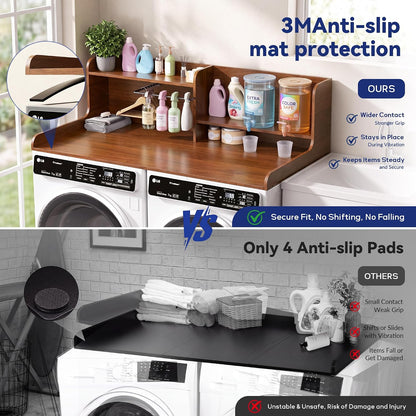 DTK Washer Dryer Wood Countertop with Shelf, Laundry Topper with Non-Slip Mat,27.55" Depth x 54" Width Dryer Covers for The Top with Edge Rails, Black