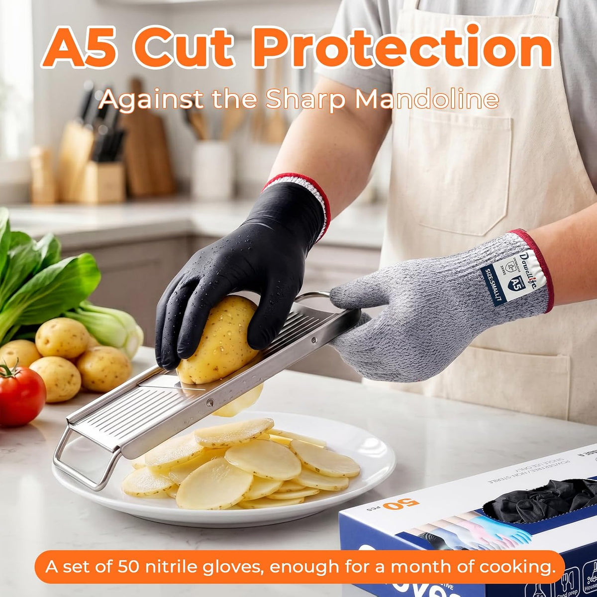 Dowellife A5 Cut Resistant – Rarely Need Wash, with Nitrile Outer Gloves, Red/Black Cuffs, 13-Gauge Flexible Kitchen Gloves for Mandoline & Oyster – 2 Pairs + 50 Outer. (Medium)