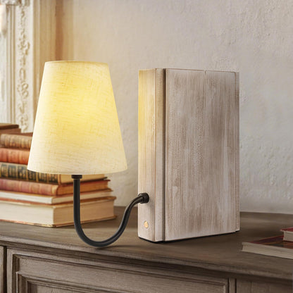 AELS Solid Wood Bookshelf Lamp with Bulb, Cordless Rechargeable Touch Dimmable Table Lamp with Linen Fabric Shade, Modern Decorative Bookend Lamp for Bedroom, Office & Bookshelf Decor, Dark Brown