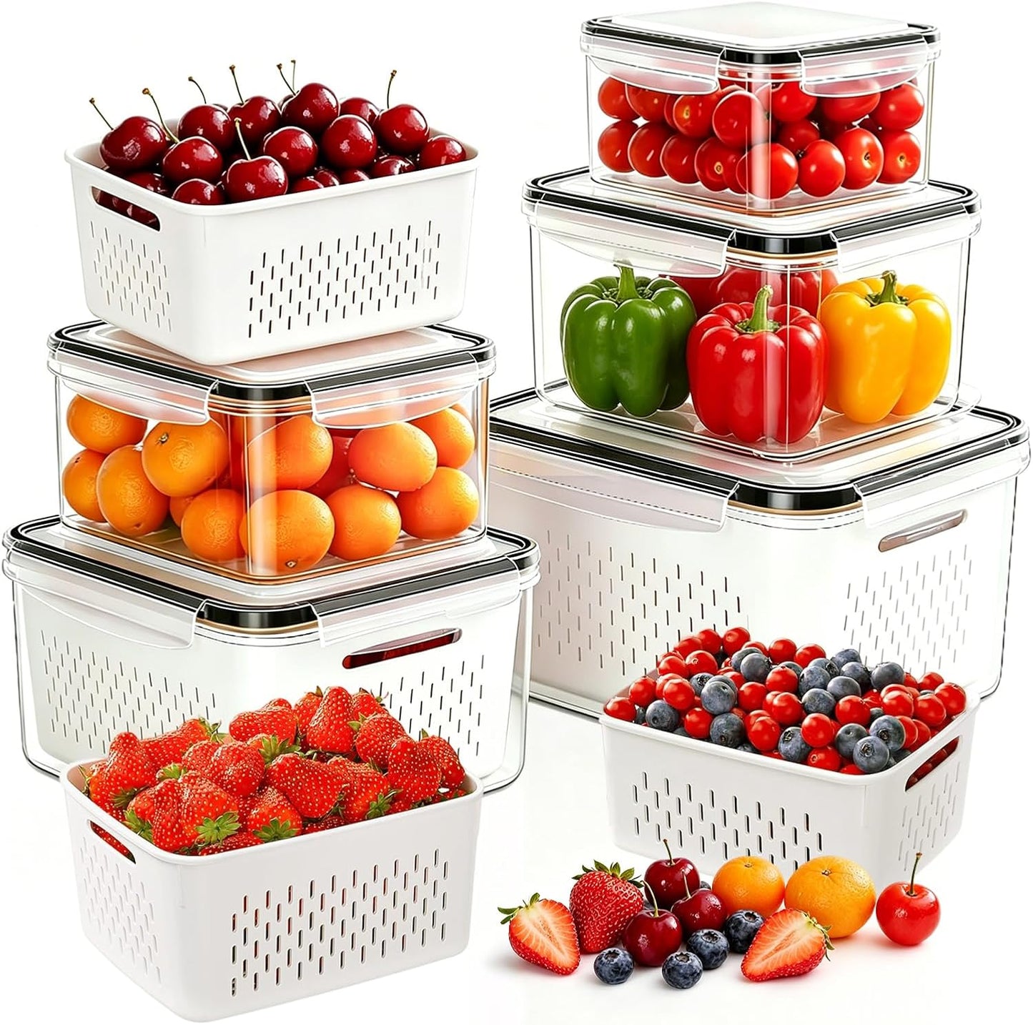 5 Pack Large Fruit Storage Containers for Fridge, Leakproof Produce Containers with Removable Colanders, Dishwasher Safe Fridge Organizers and Storage, Keep Berry, Vegetables Fresh Longer