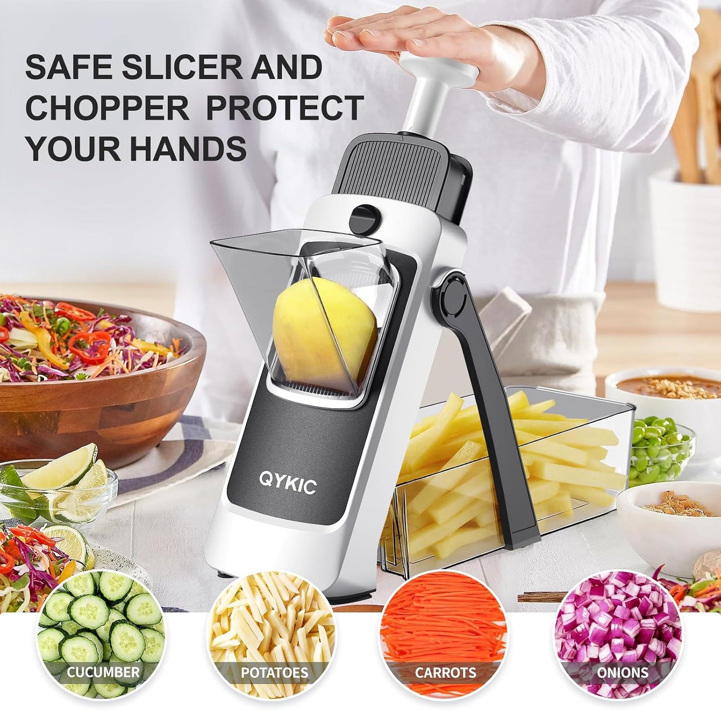 QYKIC Safe Mandoline Slicer for Kitchen, Adjustable Potato Slicer Pro | 0.1-8mm Vegetable Chopper Fry Cutter Julienne Dicer Large Chute Stainless Steel Blades Detachable Dishwasher Safe Gifts