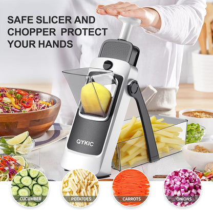 QYKIC Safe Mandoline Slicer for Kitchen, Adjustable Potato Slicer Pro | 0.1-8mm Vegetable Chopper Fry Cutter Julienne Dicer Large Chute Stainless Steel Blades Detachable Dishwasher Safe Gifts