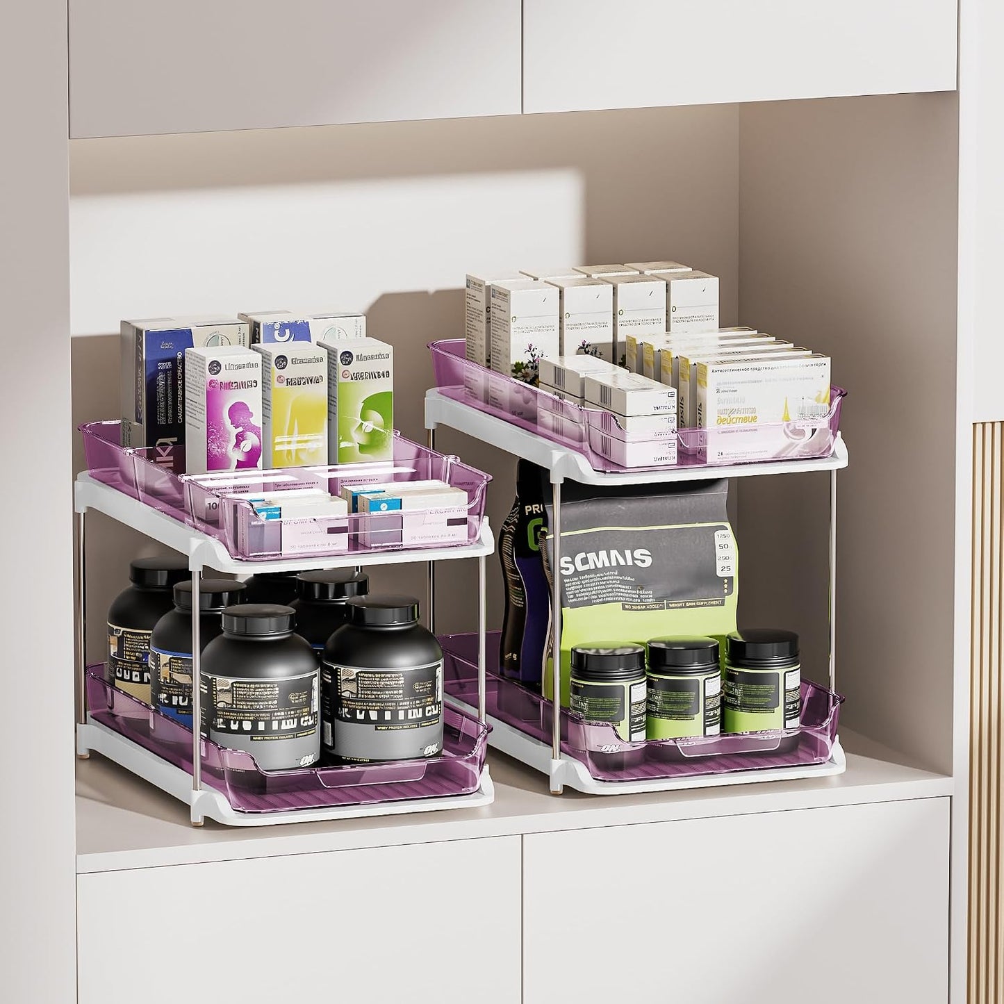 Delamu 2-Tier Multi-Purpose Bathroom Under Sink Organizers and Storage, Stackable Kitchen Pantry Organization, Pull Out Medicine Cabinet Organizer with Movable Dividers, White, 2 Pack