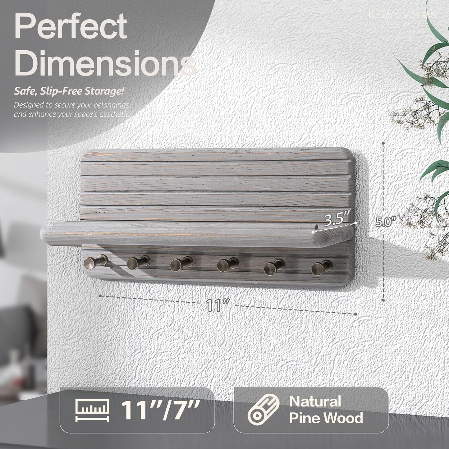 Rebee Vision Pine Wood Key Holder Wall Mount with Shelf for Entryway, Brown | 6 Key Hooks, Round Corner, Smooth&Hand-Friendly, Clear Wood Texture, Space-Saving Design, Organize Mail & Letter