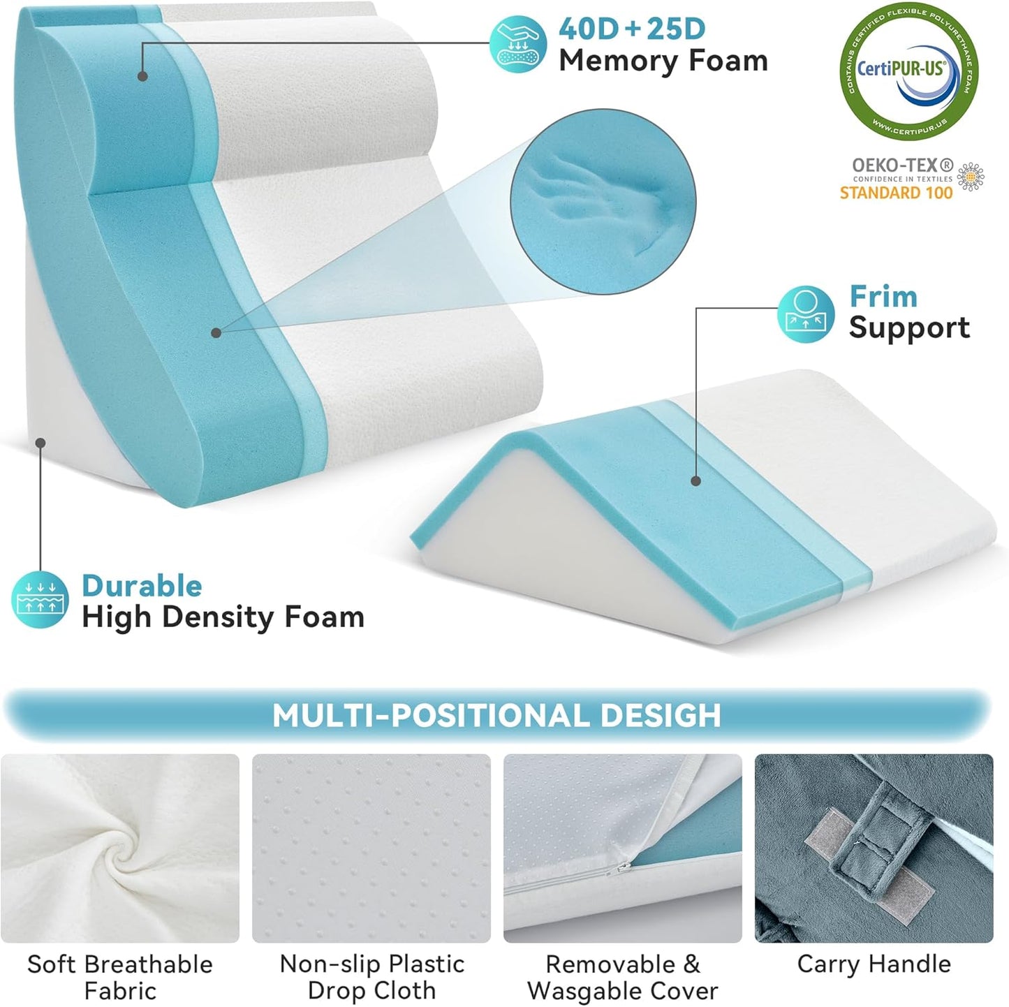 Kingfun 4PCS Orthopedic Bed Wedge Pillow Set for Sleeping, Post Surgery Memory Foam Support Pillows for Back, Neck and Leg Pain Relief, Adjustable Triangle Pillow - Acid Reflux, Anti Snoring & GERD