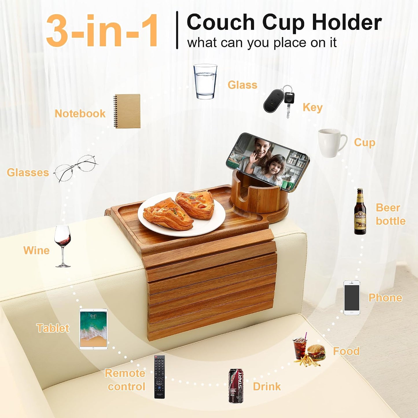 Couch Cup Holder - 3 in 1 Sofa Arm Tray with 360° Rotating Cup Holder & Phone Stand,Arm Chair Rest Table Fits Various of Large Width Couches Armrest,Anti-Slip Foldable Couch Tray for Drinks