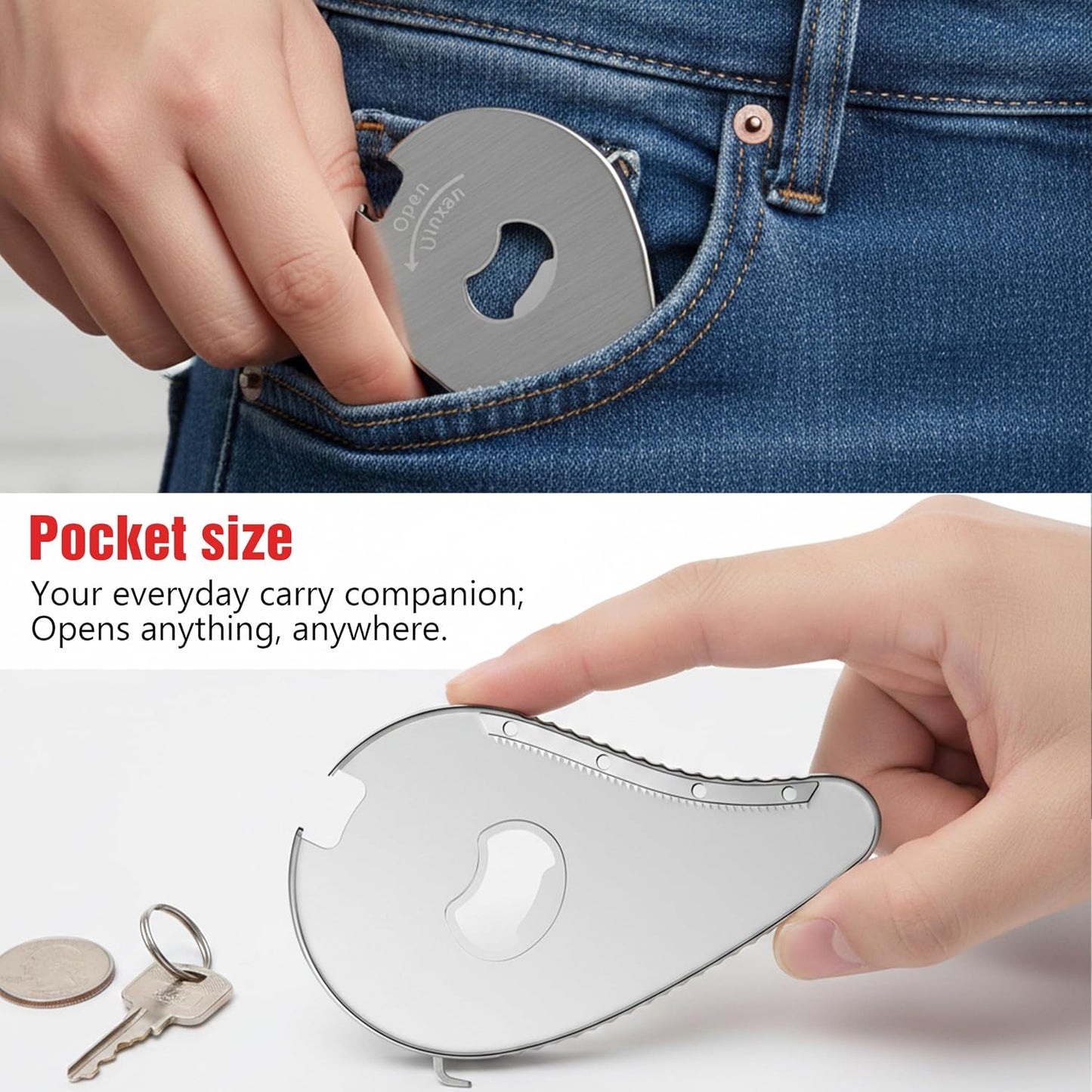 Uinxan 5 in 1 Bottle Opener for Small Jar Lid, Beer, Can Tab, Vacuum Seals | Effortlessly Opens Screw Caps(0.6"-2.7"), Stainless Steel Multi Portable Tool,Ideal for Seniors & Weak Hands (Silver)