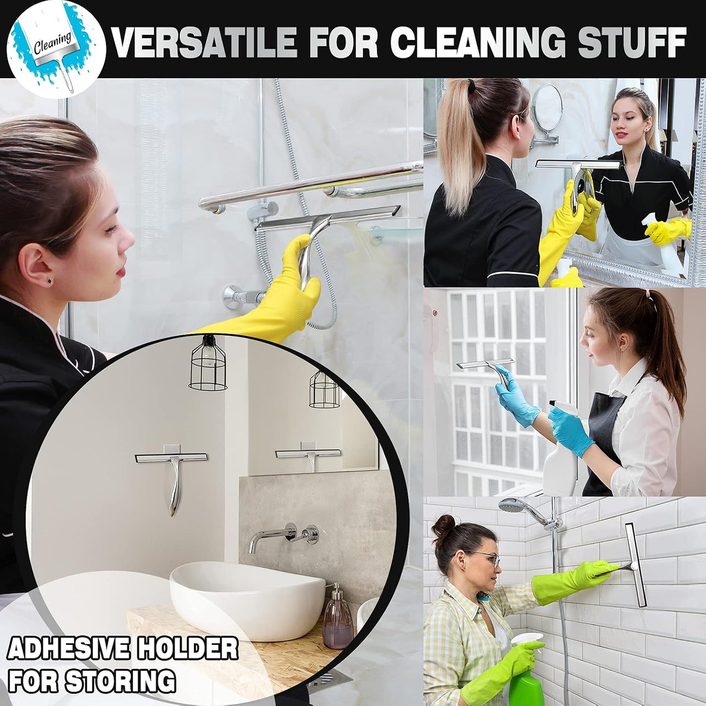 Shower Squeegee, 10-Inch Matte Black Squeegee, All-Purpose Stainless Steel Squeegee for Bathroom, Shower Doors, Mirrors, Tiles and Car Windows - 100% Streak Free