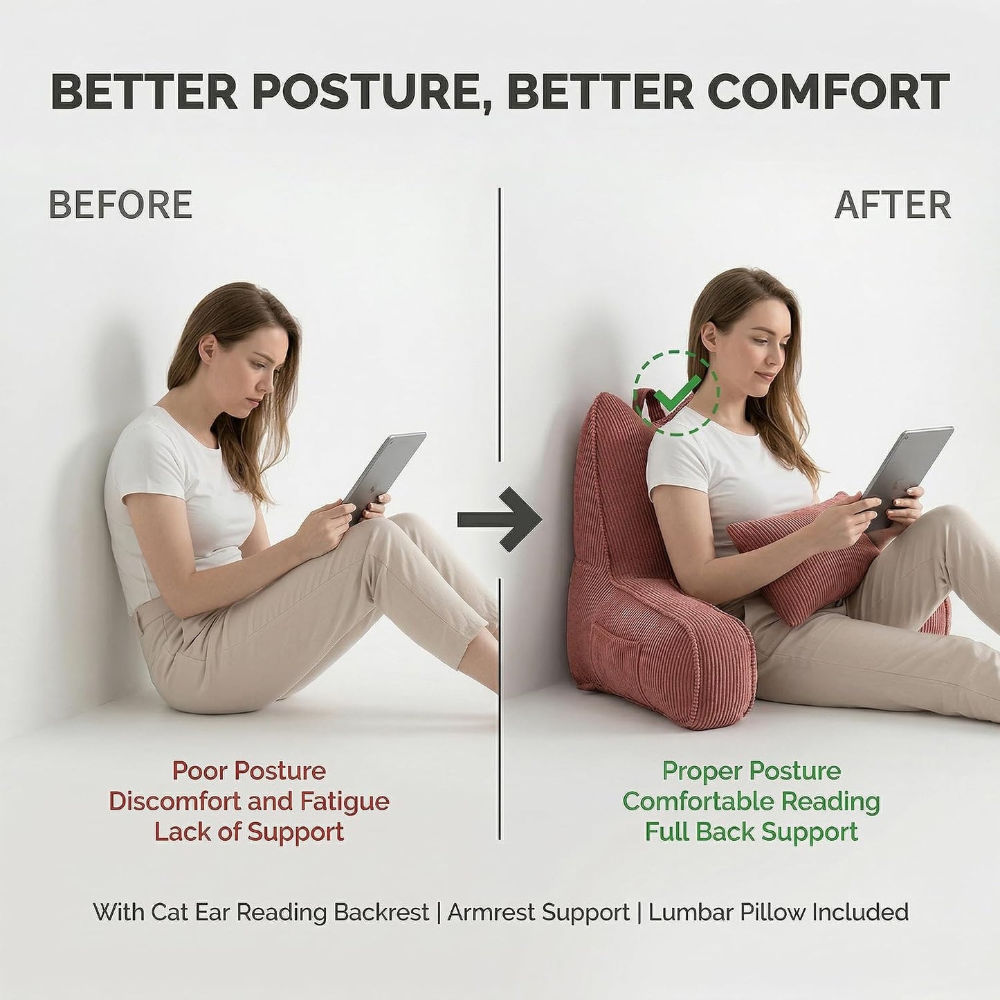 Patented Design Reading Pillow with Arms for Sitting Up, 2-in-1 Bed Rest Pillow with Detachable Lumbar Support, Backrest Support Cushion for Couch with Side Pockets & Handle, Beige Gray