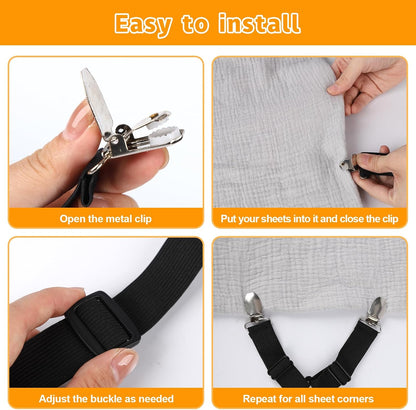 Bed Sheet Straps, 4Pcs Elastic Adjustable Bed Sheet Holder Straps, Fitted Sheet Straps to Hold Sheets in Place with Metal Clips, Sheet Holders for Mattress Cover, Sheet, Sofa Cushion (Black)