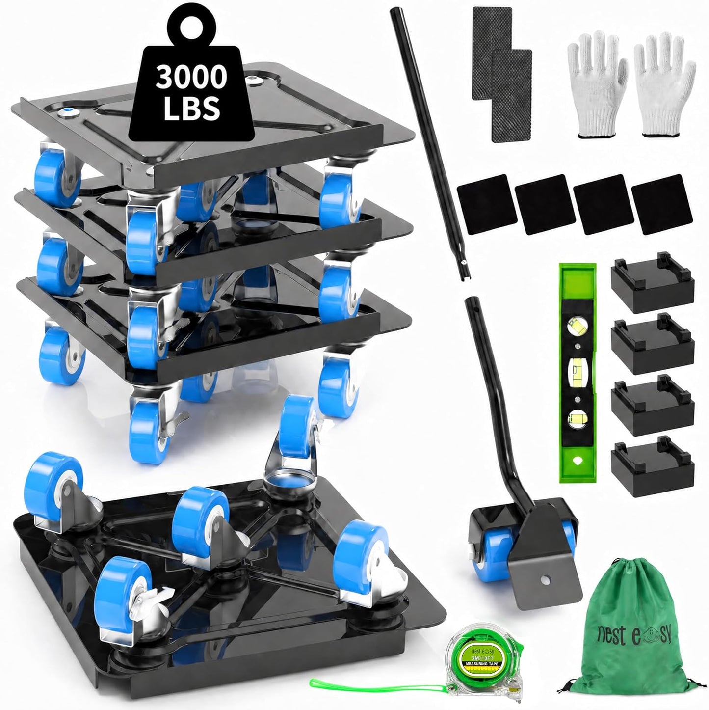 Heavy Duty Furniture Dolly 360 Rotate 5 Wheels 3000 Lbs Capacity 5.3x5.3 in | Furniture Movers with Green Wheels, Measure Tape & Leveler, Alloy Steel Furniture Lifter Tool for Smooth Home & Office Uses