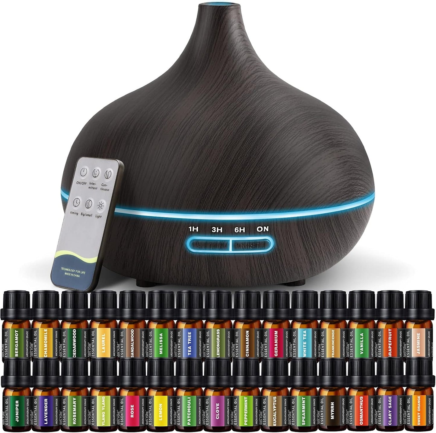 SACATR 500ml Essential Oil Diffuser with 15 Essential Oils, Ultrasonic Cool Mist Humidifier, Remote Control, 4 Timers, 15 Color Lights, Auto Shut-Off