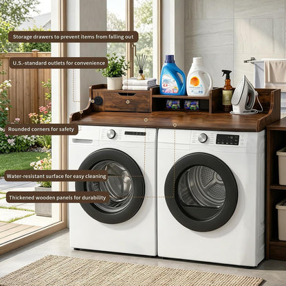 Washer and Dryer Countertop with Power Outlet & Storage Drawer, 54 Inch Laundry Tabletop Over Washing Machine, Clothes Folding & Ironing Station, Laundry Room Organizer with Non-Slip Pads