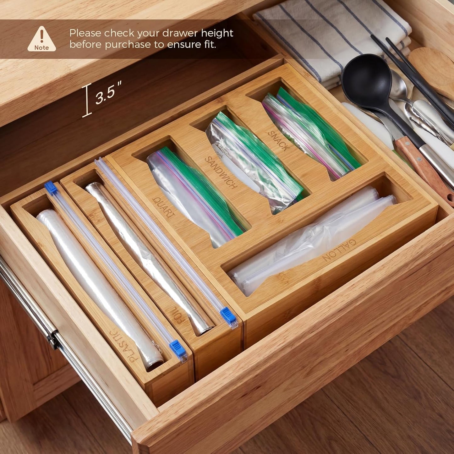 6-in-1 Bamboo Kitchen Drawer Organizer for Storage Bag, Foil & Plastic Wrap | Saran Wrap Dispenser with Cutter, Plastic & Grocery Bag Holder, Bamboo Drawer Organizer, Gallon/Quart Storage Bags