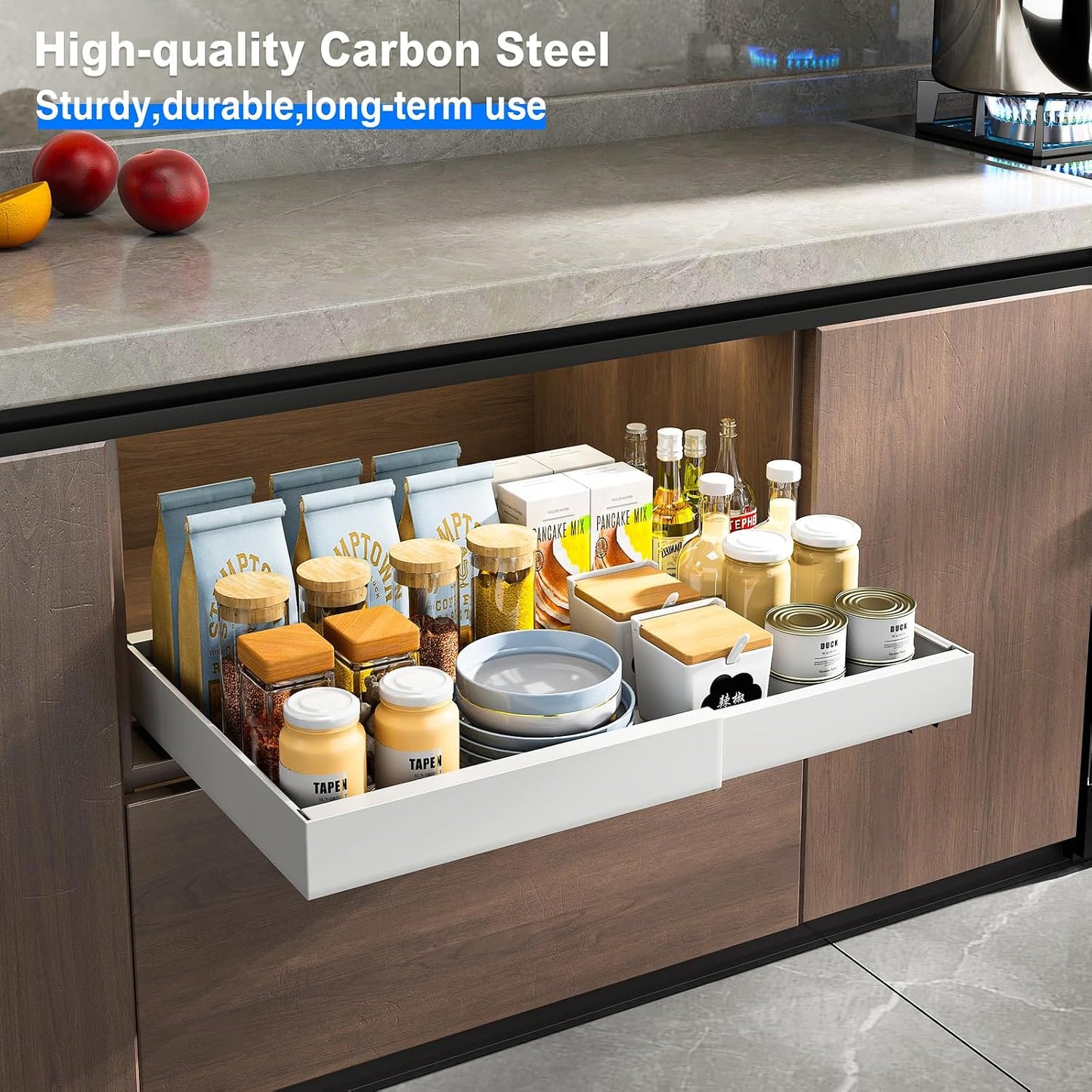 Mustorn 2 Pack Pull Out Cabinet Organizer, Slide Out Drawers for Cabinets, Peel and Stick, Heavy Duty Shelves for Kitchen, Cupboard, Pantry, Bathroom (16.5"D*11.8"W*3.94"H-Black)