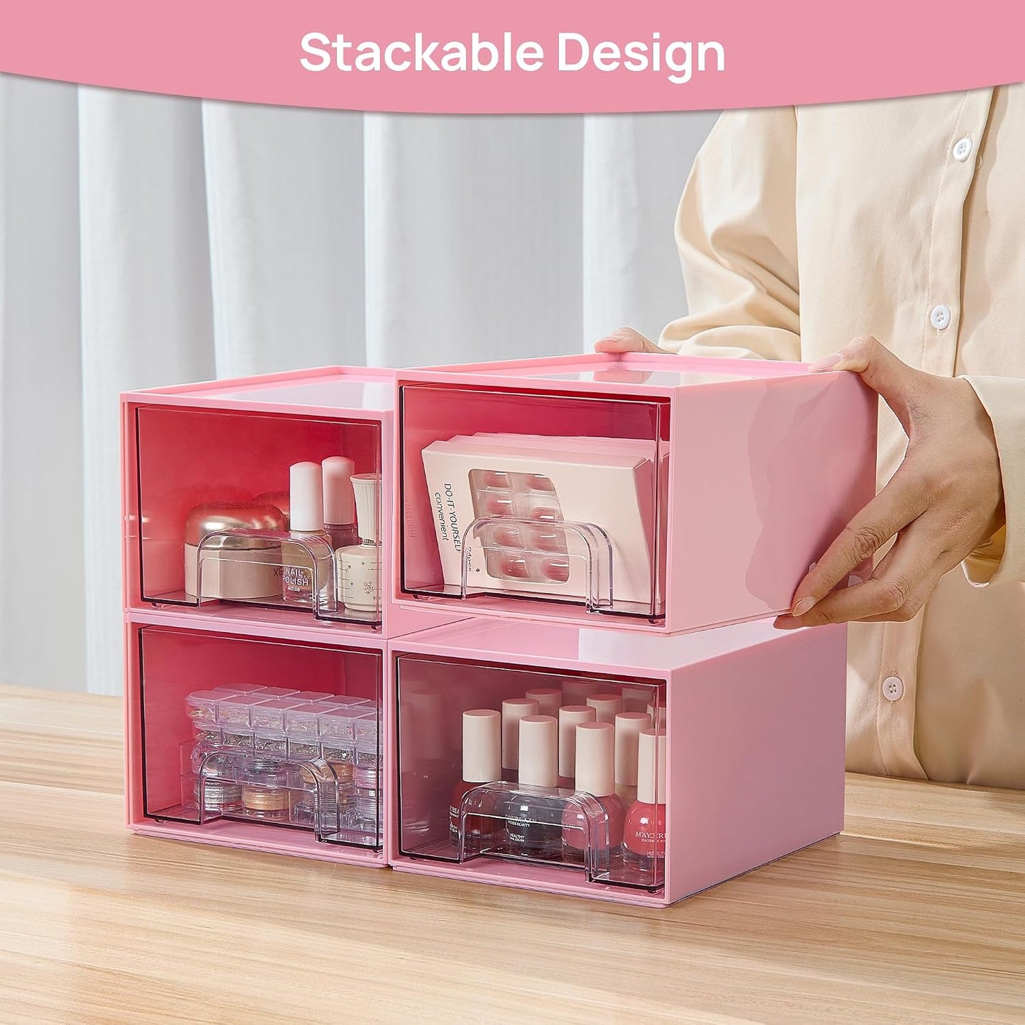 Vtopmart 4 Pack Small Clear Stackable Storage Drawers, Fits Narrow Spaces | Multi-Use Plastic Bins for Bathroom Cabinet Organizer, Makeup, Desk, Vanity, Undersink, Medicine ,Keeps Small Items Organized