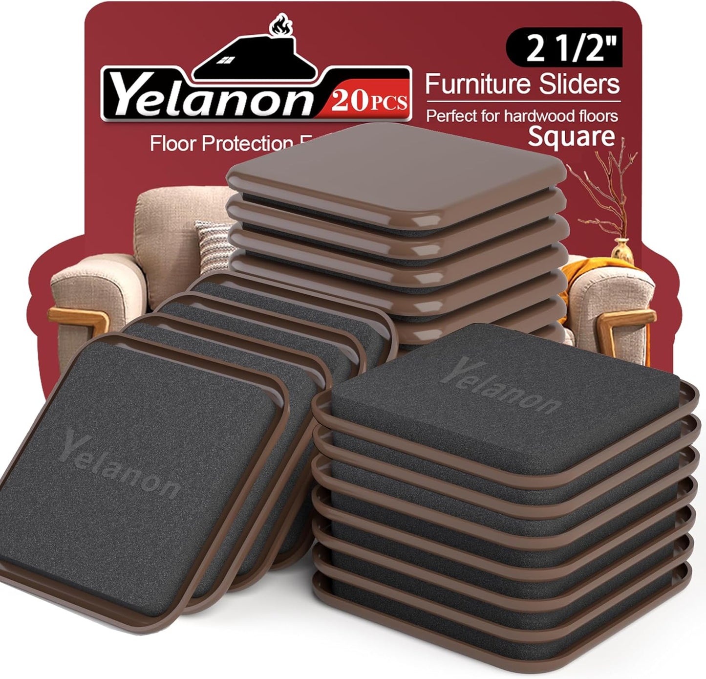 Furniture Sliders, 20 pcs-3 1/2” Square Beige Furniture Sliders for Carpet, Furniture Pads for Hardwoods Floors，Furniture Movers Sliders, Reusable Moving Pads, Floor Protectors for Carpet