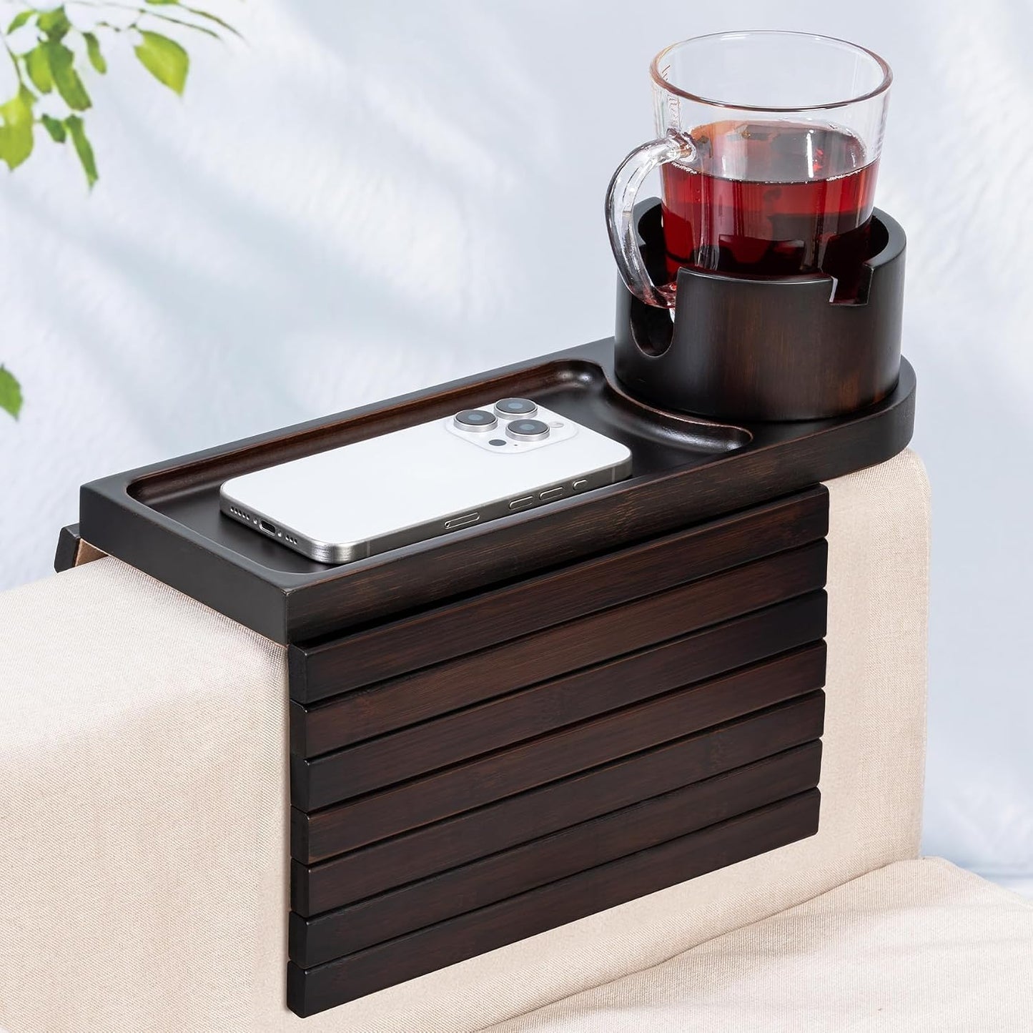 Couch Cup Holder for Armrests Over 4.9" Wide with 360° Phone Stand Walnut | Couch Arm Tray with 360° Rotating Phone Stand, 3 in 1 Foldable Sofa Arm Tray Table for Remote, Snacks, Phone, Drinks