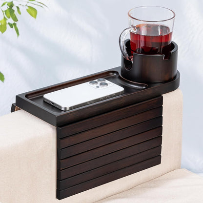 Couch Cup Holder for Armrests Over 4.9" Wide with 360° Phone Stand Walnut | Couch Arm Tray with 360° Rotating Phone Stand, 3 in 1 Foldable Sofa Arm Tray Table for Remote, Snacks, Phone, Drinks