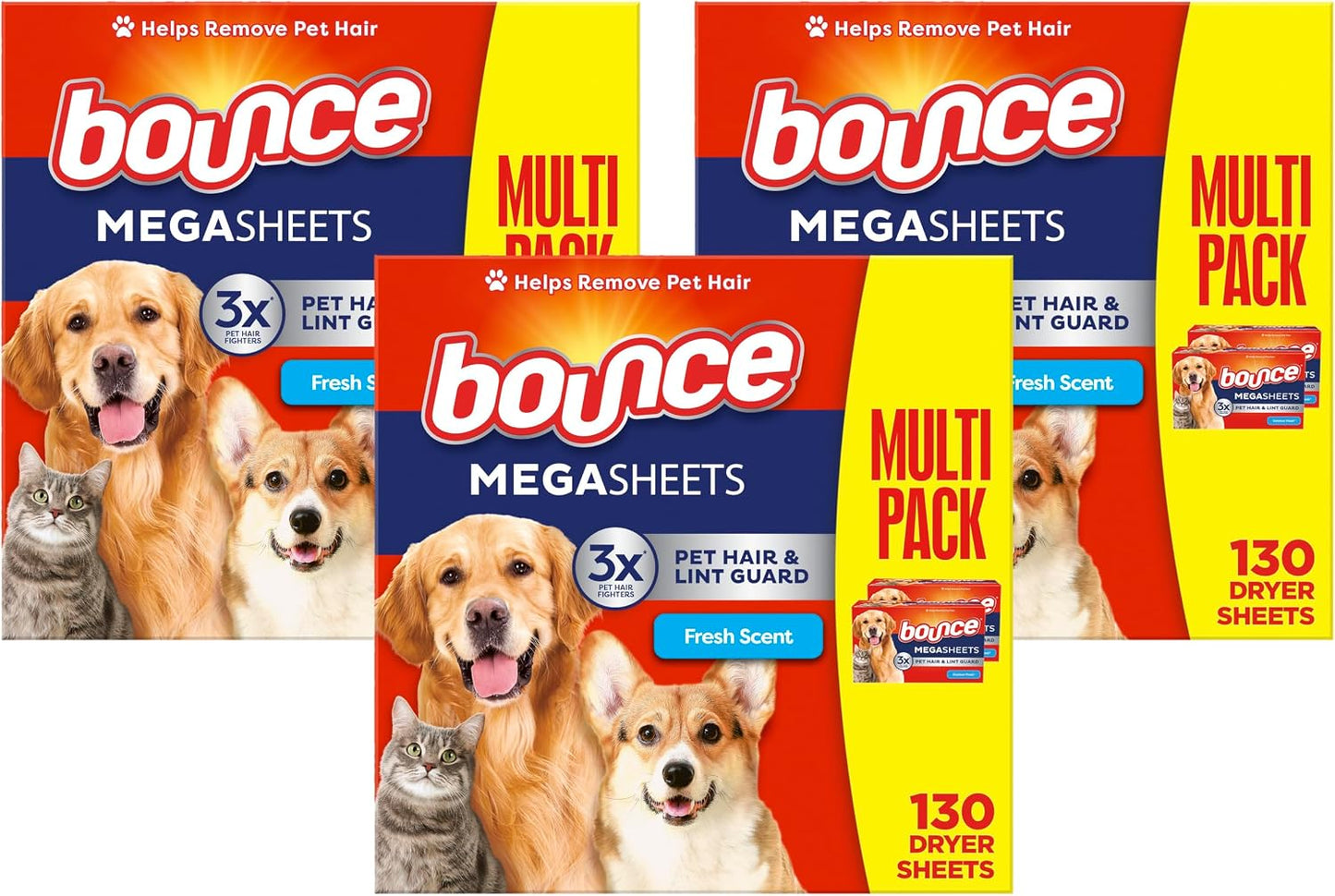 Bounce Pet Hair and Lint Guard Mega Dryer Sheets with 3X Pet Hair Fighters, Fresh Scent, 180 Count