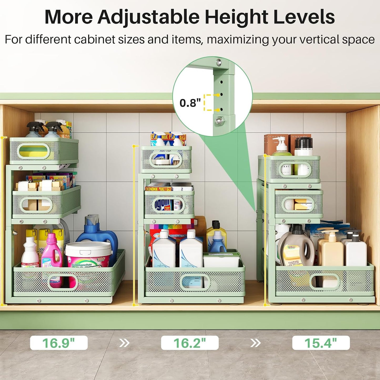 Kitstorack Under Sink Organizer, 2-Pack 3-Tier Height Adjustable Thickened Metal Pull out Cabinet Organizer Shelf, Slide out Storage Drawer Rack for Bathroom Kitchen Pantry Home Laundry Organization
