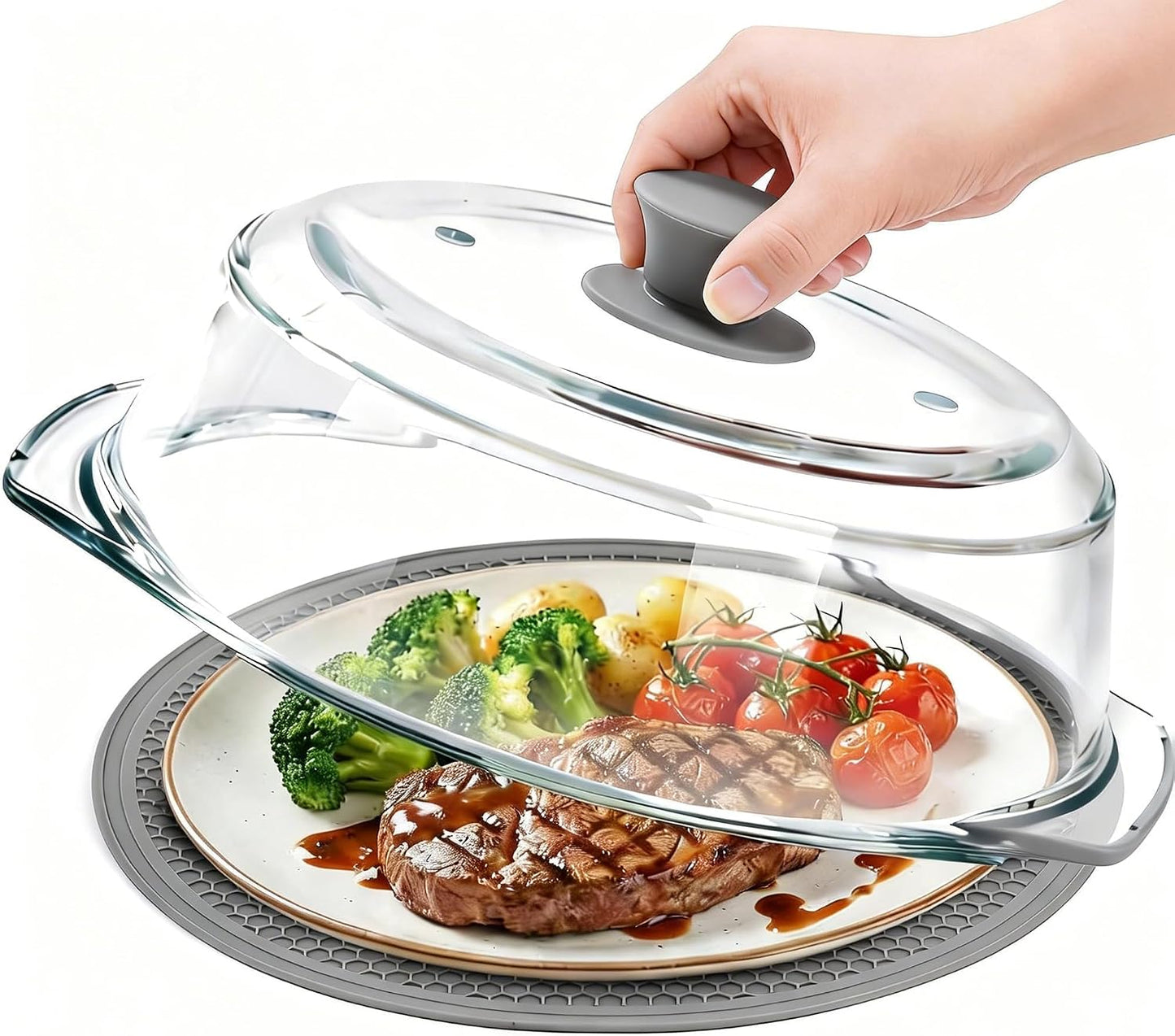 Glass Microwave Splatter Cover for Food with Microwave Place Mat - Sturdy Plate Guard Lid with Vent Holes and Easy-Grip Silicone Handle - BPA Free, Dishwasher Safe (Black)