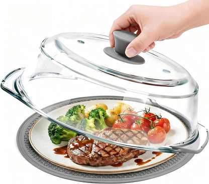 Glass Microwave Splatter Cover for Food with Microwave Place Mat - Sturdy Plate Guard Lid with Vent Holes and Easy-Grip Silicone Handle - BPA Free, Dishwasher Safe (Black)