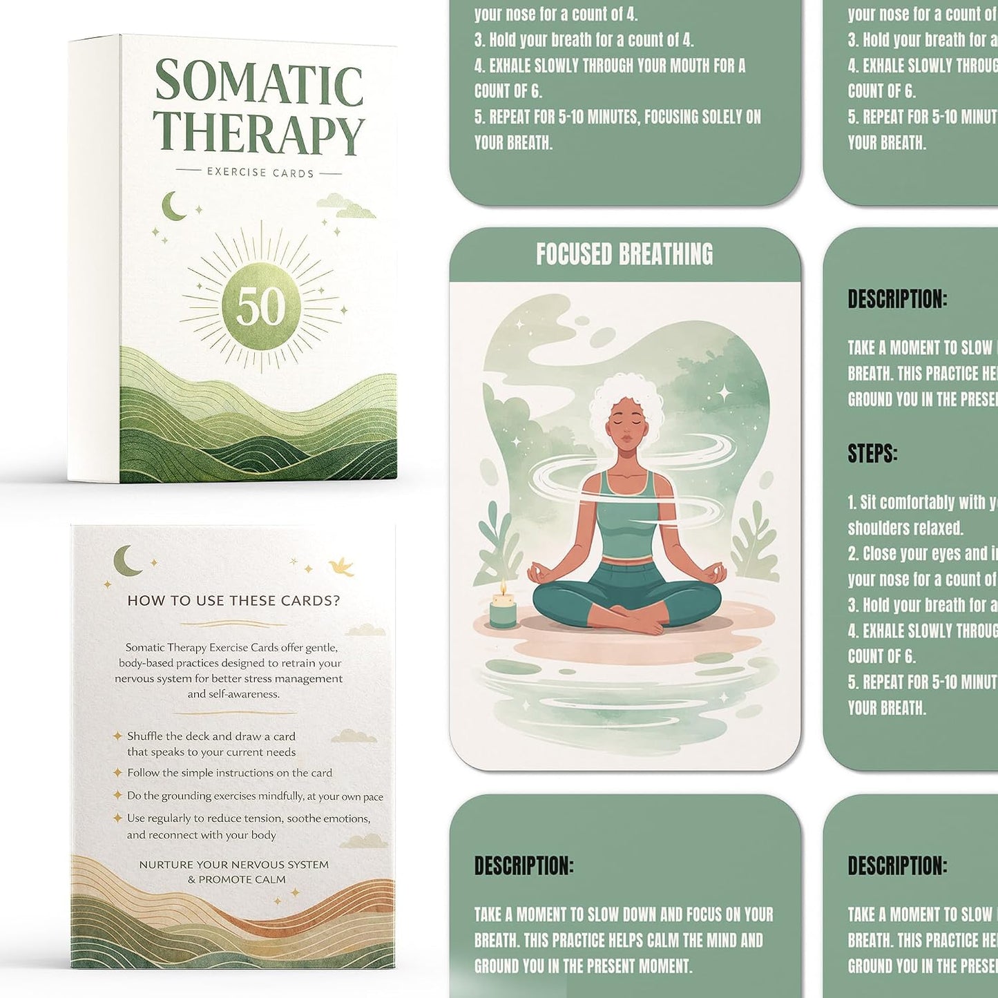 Somatic Therapy Exercise Cards, 50 Nervous System Regulation Tools for Anxiety Relief & Stress Soothing, Therapy Practice Cards with Display Stand, Mindfulness, Breathwork, Grounding, Movement