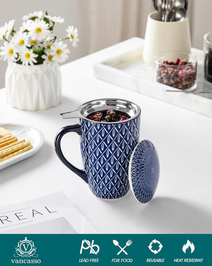 vancasso SELENE Porcelain Tea Mug, 18 oz Porcelain Tea Cup with Infuser and Lid Steeps Loose Leaf Tea, Microwave & Dishwasher Safe, Five-Leaf Clover