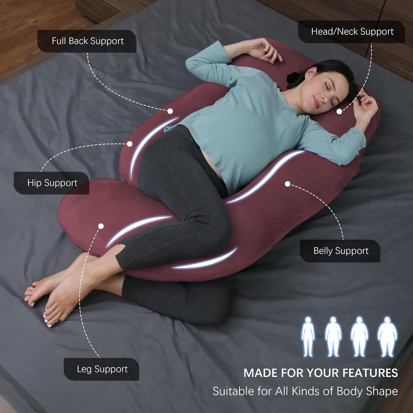 MOON PARK Pregnancy Pillows for Sleeping - 57 Inch U Shaped Full Body Maternity Pillow with Removable Cover - Support for Back, Legs, Belly, Hips - Pregnancy Pillow for Women - Grey