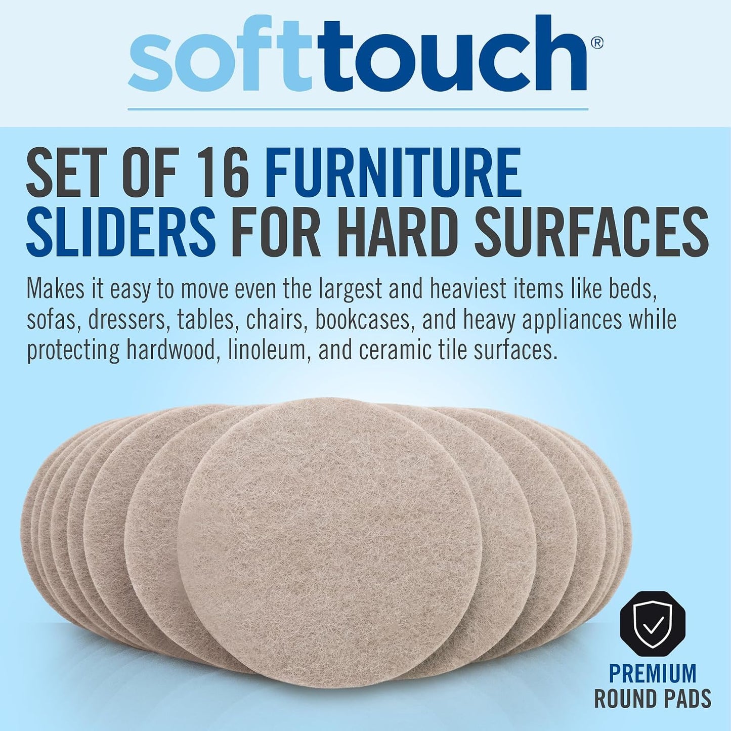 SoftTouch 1.5" Round Reusable Felt Furniture Sliders for Hard Surfaces, Noise-Reducing Adhesive Furniture Moving Pads for Beds, Sofas, Dressers, Set of 24, Beige