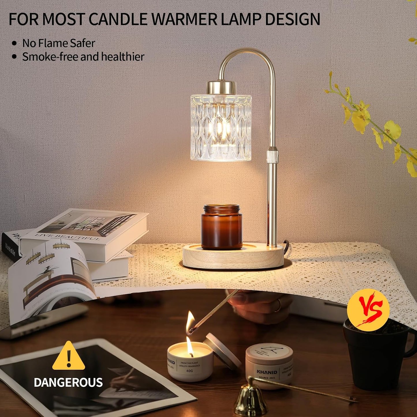 Candle Warmer Lamp with Timer and Dimmer,Electric Gold Light Gifts for Women Melt Wax Warmer Lamp with 2 Bulbs for Candle Jars House Warming New Home Decor Bedroom