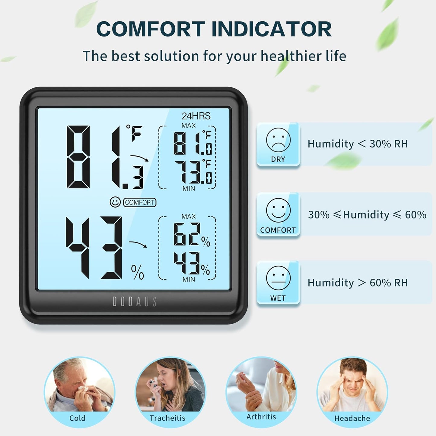 DOQAUS Hygrometer Indoor Thermometer Backlight Humidity Meter Black | 3.05in Large LCD Display, Digital Temperature Humidity Monitor with Max Min Records for Home, Bedroom, Baby Room, Greenhouse