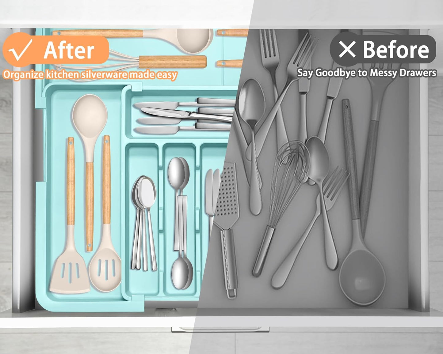 Large Silverware Drawer Organizer Expandable Kitchen Utensil Organizer BPA Free Flatware Cutlery Holder Tray Adjustable Plastic Drawer Divider Storage for Forks Knives 6-9 Slots White